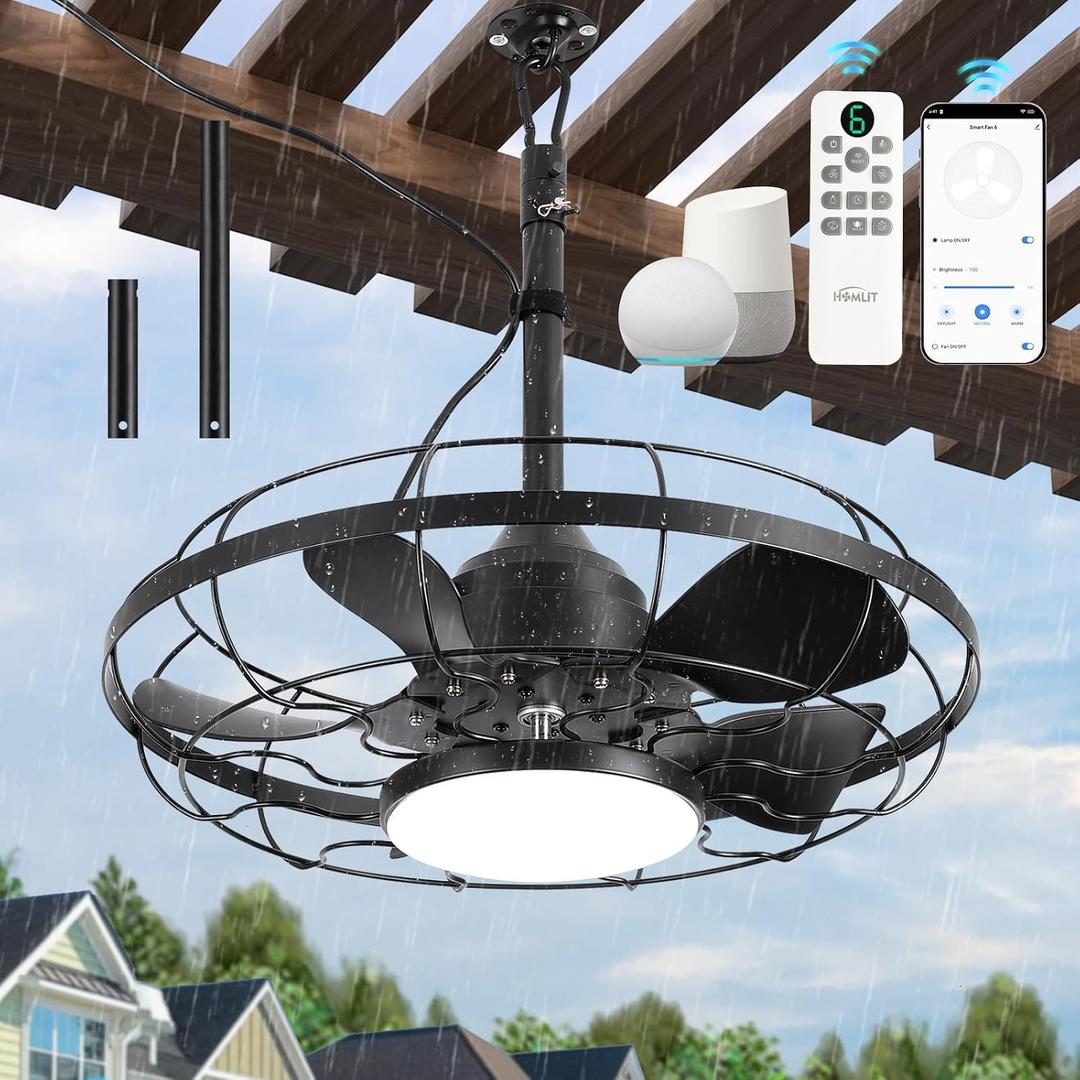 Outdoor Ceiling Fan with Light for Patios, 21" Gazebo Fans Outdoor Hanging, IP65 Waterproof Plug in Ceiling Fan with Alexa/Google/App Control, 3CCT Dimmable 6-Speeds for Patios Porch Pergola