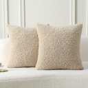FUTEI Beige Throw Pillow Covers 18x18 Inch Set of 2,Furry Faux Fur Teddy Boucle Textured Cushion Covers,Soft Fluffy Decorative Pillow Case,Home Decor for Couch Bed Living Room Office Car