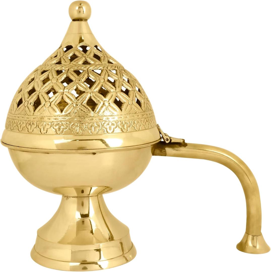 SATVIK 1 Pc Pure Brass Antique Incense Holder Dhuni Burner with Long Brass Handle Handheld Puja Dhuna Loban Burner Pooja Agarbatti Dhoop Pot Dhuni Stand Indian Housewarming Return Gift Items Bulk