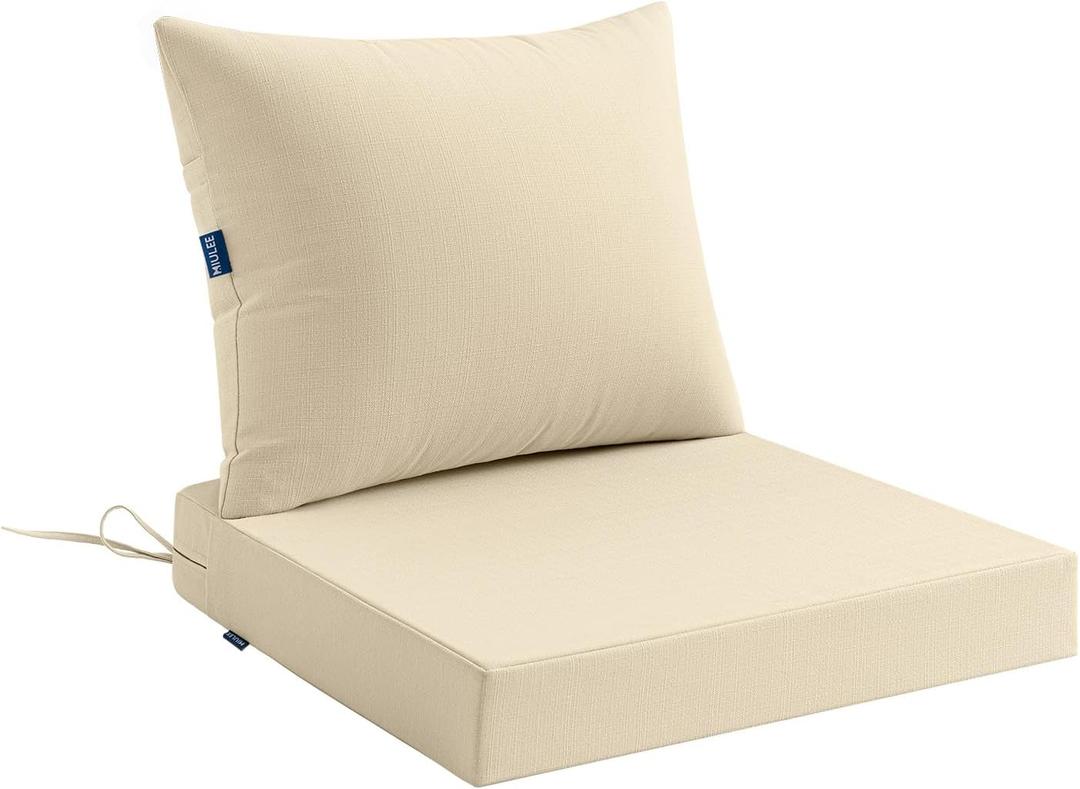 Miulee Beige Outdoor Chair Cushion 24x24 Inch for Patio Furniture Linen Textured Waterproof & 3 Year Color Fastness Seat and Back Couch Cushion with Ties No Slip Design