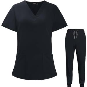 VIAOLI Scrubs for Women Set V-Neck Pocket Top & Drawstring Jogger Scrub Pants Black, Large