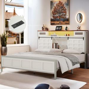 YITAHOME King Size Bed Frame Farmhouse with 49.14" Tall Storage Headboard, Charging Station & Led Light, Sliding Barn Door, Wooden Platform Bed Frame, Metal Slats Support, No Box Spring Needed, White