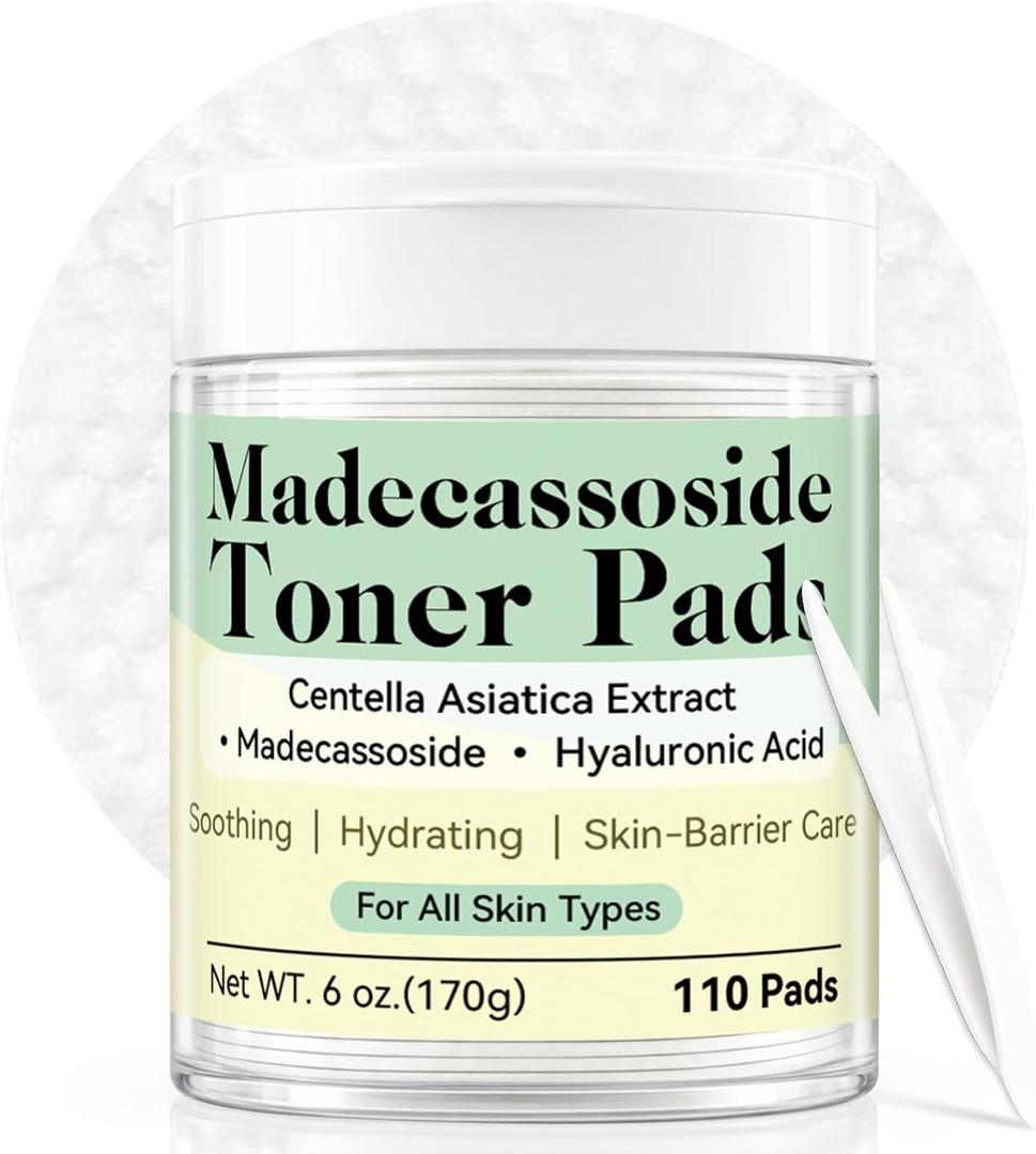 Madecassoside Toner Pads, Facial Exfoliating Pads, Redness Reducing Skin Care, Hydrating Pore Care, Toner Pads for Acne Prone, Oily, Clogged Skin, Non Comedogenic, Ideal for All Skin, 110 Pads