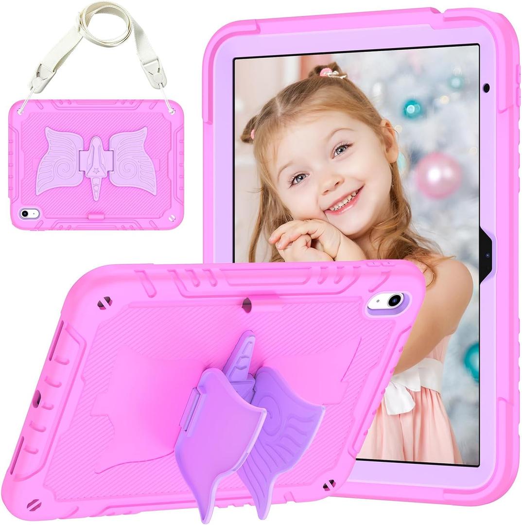 Case for iPad (A16) 11th Generation 2025 11-Inch/10th Generation for Kids Girls,iPad Cover 10th Gen 10.9 inch 2022 Shockproof Protective with Unicorn Stand & Shoulder Strap (Pink+Purple)