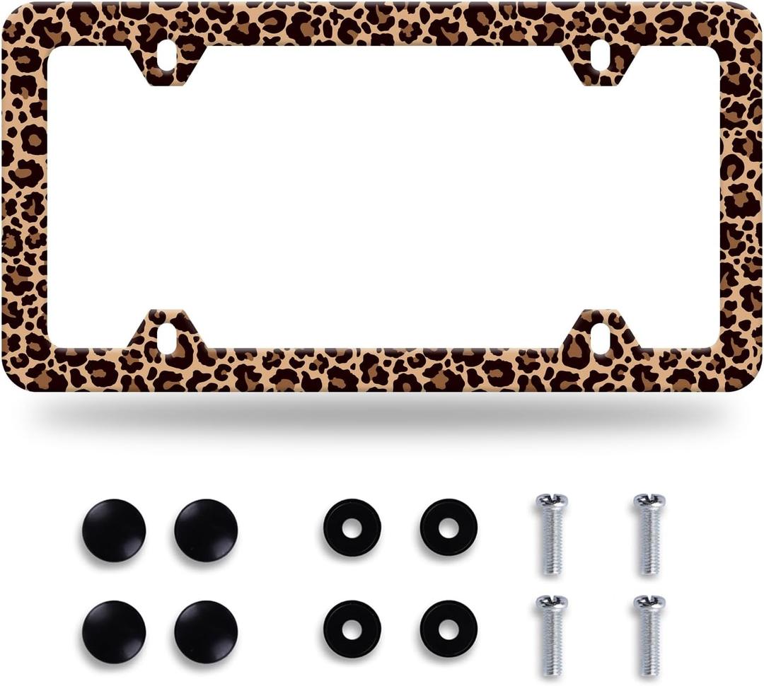 Brown Leopard License Plate Frame 1 Pack Stainless Steel Cheetah Leopard Brown Car License Plate Accessory Personalize Decor 12.3" X 6.3" with 4 Holes Screw for Men Women