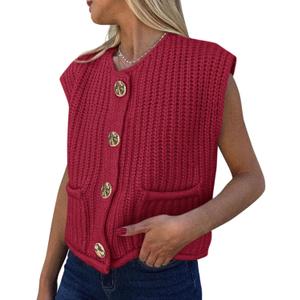 PRETTYGARDEN Women's Summer Sweaters Vest 2025 Sleeveless Button Down Cropped Pockets Chunky Knit Cardigan Trendy Tank Tops (Medium, Wine Red)