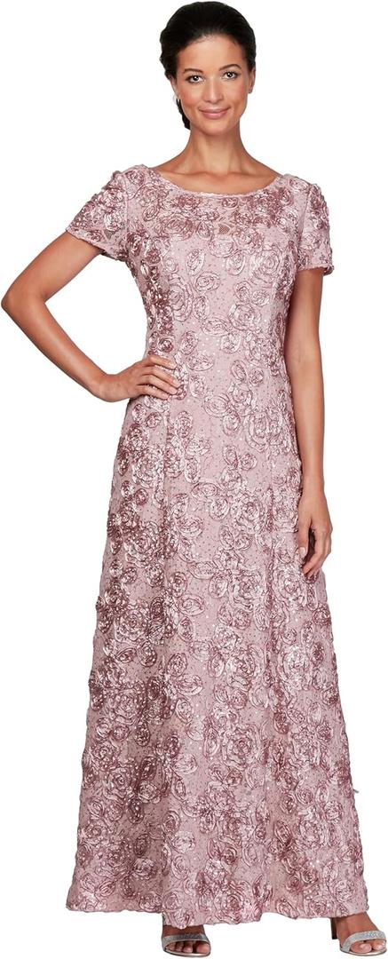 Alex Evenings Women's Long Rosette Mother of The Bride Dress with Short Sleeves (14)