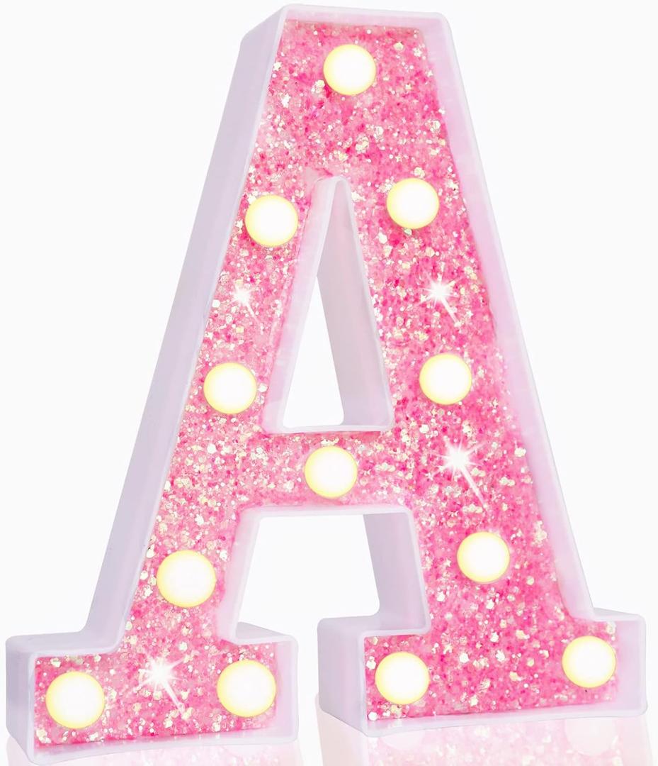 Pooqla LED Marquee Letter Lights, Light Up Pink Letters Glitter Alphabet Letter Sign Battery Powered for Night Light Birthday Party Wedding Girls Gifts Home Bar Christmas Decoration, Pink Letter A