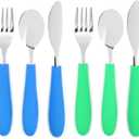 Elk and Friends Kids Silverware with Silicone Handle | Childrens Safe Flatware | Kids Utensils | Spoon + Fork + Knife set | 4 years+ | 6 Pieces (Green/Blue)
