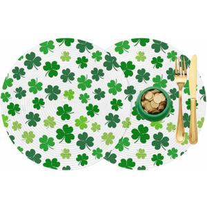 Round Braided Placemats Set of 2 Happy St. Patrick's Day Spring Shamrock Lucky Green Heat Resistant Round Placemats for Dining Tables Kitchen Decoration 15 inch Washable Round Table Mats