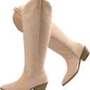 Bigwow Women's Western Cowboy Knee-High Boots Suede Embroidery Pointed Toe Tall Boots Side Zipper Low Chunky Heel Long Boots for Ladies