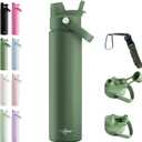 26oz Insulated Water Bottle with 2-in-1 Straw & Spout Lid,Moss Green | 18/8 Stainless Steel Vacuum Flask, Keeps Cold 24H. Leakproof Sports Tumbler with Braided Carry Strap for Gym & Travel
