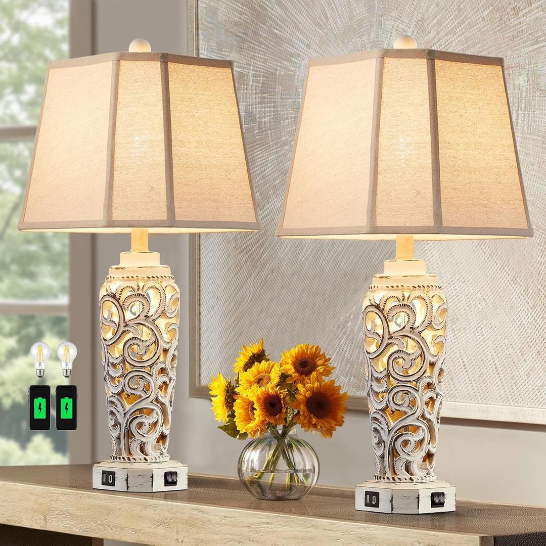 27" Rustic Table Lamps Set of 2 for Living Room with USB A+C Ports, Vintage Nightstand Bedroom Lamp with Hollow Nightlight