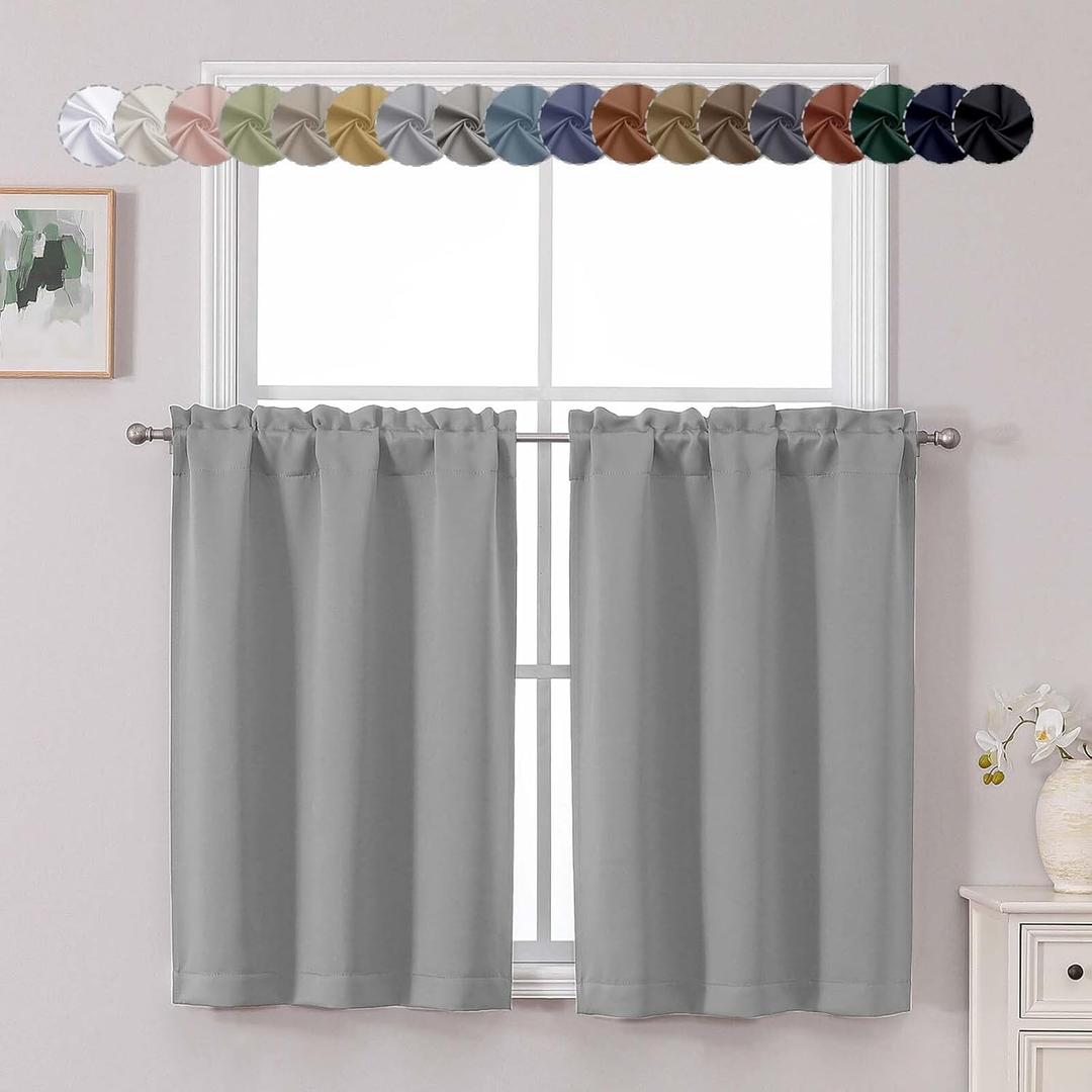 Chyhomenyc Silver Grey Short Blackout Curtains 36 Inch Length, Small Kitchen Curtain Tier Rod Pocket Half Window Curtains for Bathroom Basement Cabinet Camper RV Bunk, 2 PCS, Each 30" Wx36 L
