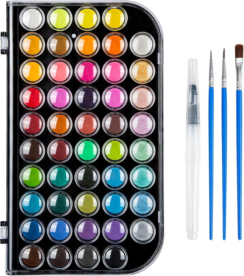 40+8 Watercolor Paint Set, Washable Water Color Paint Sets for Kids Adult Beginner, Non-toxic Watercolors with 3 Brushes 1 Refillable Water Brush Pen and Palette, Artists Watercolor Set, Art Supplies