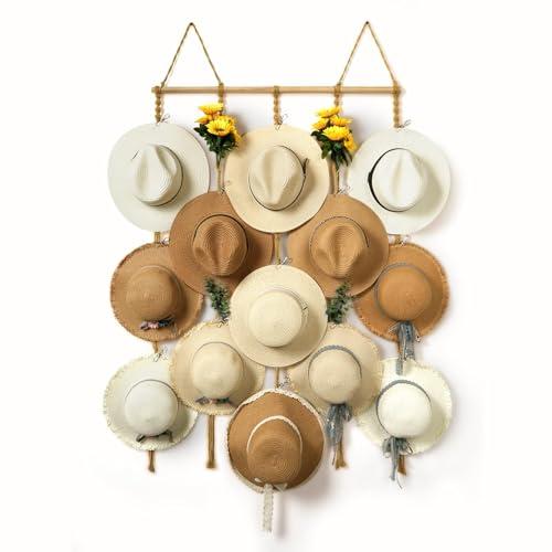 HYDERMUS Macrame Hat Organizer Rack for Wall 15 Clips 31x66in Large Fedora Hat Hangers Display for Wide Brimmed Hat Holder Storage Boho Decor for Fedora Sun Straw Panama Closet Bedroom Brown