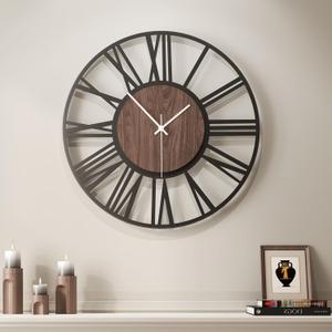 Cuspin Large Wall Clock for Living Room Decor, 24 inch Decorative Black Metal Wall Clock Battery Operated Silent Non Ticking, Modern Wood Clocks for Bedroom, Kitchen, Office-Roman Numerals