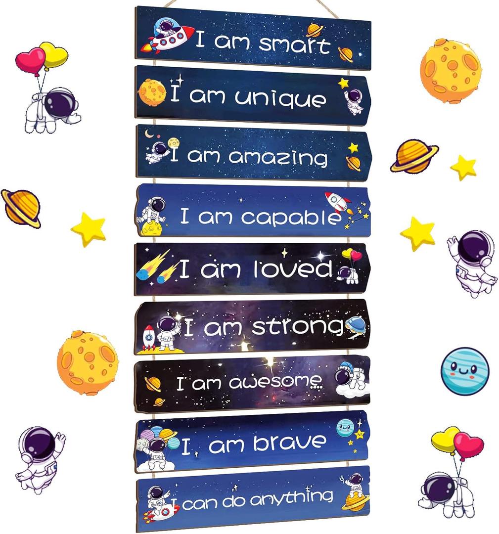 Kids Room Decor, Set of 9 Pieces Boys Room Wall Art, Motivational Wall Decor Wall Hanging Plaque for Kids Bedroom Playroom Bathroom Decorations (
Space
)