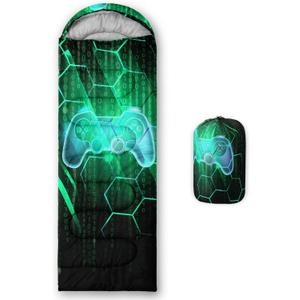 Axolotl Gamepad Sleeping Bag,3 Season Warm and Cool Weather Game Console Sleeping Bag for Boys Teens,Waterproof Lightweight Geometry Hexagonal Sleeping Bag for Traveling,Outdoors Camping,Blue,Black