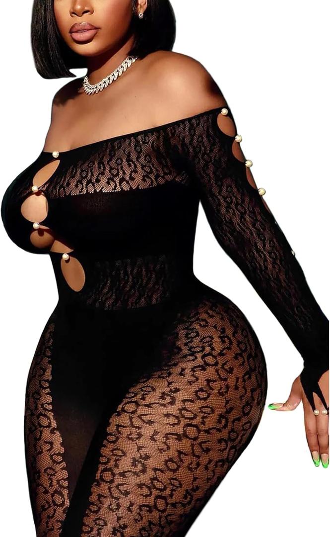 Avidlove Women Lingeries Long Sleeve Fishnet Body Stocking Leopard Sexy Outfit Rhinestone Body Suits Cut Out Jumpsuit (Black) One Size