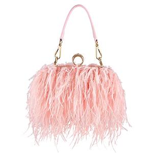 Tessco Women Ostrich Feather Tote Bag Fluffy Purse Clutch Feather Evening Handbag for Wedding (Pink)