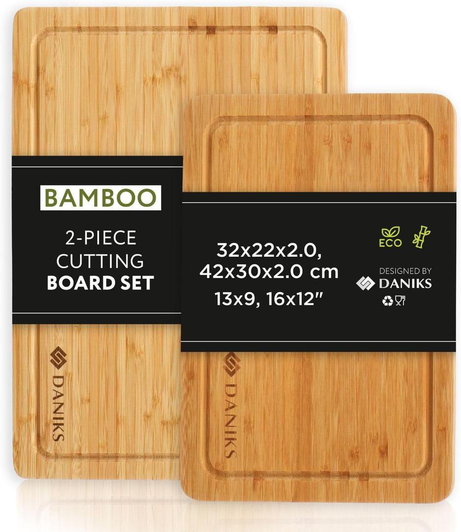Daniks Bamboo Cutting Board Set of 2 with Juice Groove, XL 16x12 & L 13x9 in  Cutting Boards for Kitchen, Meal Prep, Serving & Charcuterie, HeavyDuty