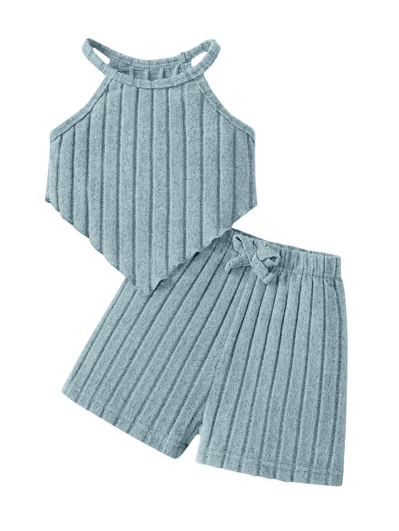 LPHGFZA Toddler Girls Clothes 2 Piece Outfit Summer Solid Ribbed Tank Tops & Bow Elastic Shorts Cute Kids Sets 4-7Y (Blue)