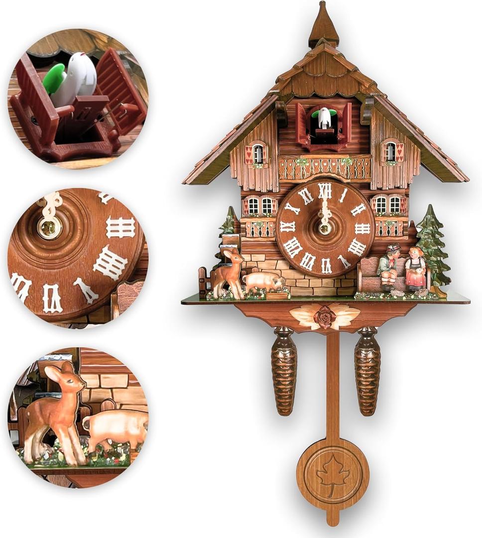 STRONGBERRY Brown Handcrafted Cuckoo Wall Clock with Silent Movement, with Pendulum and Chiming Function, Classic Vintage Wooden Design, 18.11 x 9.84 x 3.94 inches, Newly Wood Decorative Wall Clock