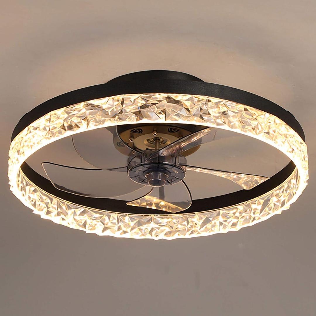 Ceiling Fan with Light, 19.7'' Flush Mount, Remote Control, Timing, Dimmable LED, 6 Wind Speeds, Hidden Blades (Black)