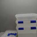 IRIS USA File Box, WeatherPro File Organizer for Letter/Legal File, Water Resistant Document Box, Plastic Gasket File Box With Tight Latch and Seal, Stackable Nestable, Clear/Blue 32 Qt. 3 Pack