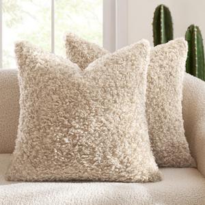 MIULEE Pack of 2 Faux Fur Throw Pillow Covers 18x18 Inch Neutral Oatmeal Boucle Decorative Sherpa Pillow Covers Fuzzy Accent Soft Sheepskin Fleece for Boho Home Decor Sofa Living Room Couch Bed 