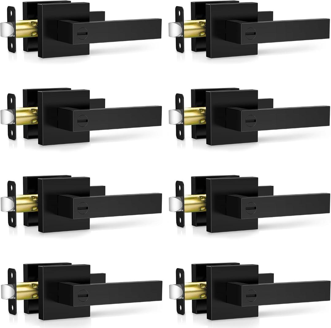Plustool 8 Pack Matte Black Door Handles Interior, Keyless Interior Door Knobs, Privacy Door Locks for Bedroom Bathroom, Heavy Duty Square Door Lever Locksets, Reversible for Left&Right Handled Doors