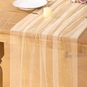 DeZerlor Pearl Champagne Gauze Table Runner 120 Inch 10FT, 4 Pack Seasonal Sheer Dining Holiday Wedding Birthday Baby Shower Table Decor for Home Party