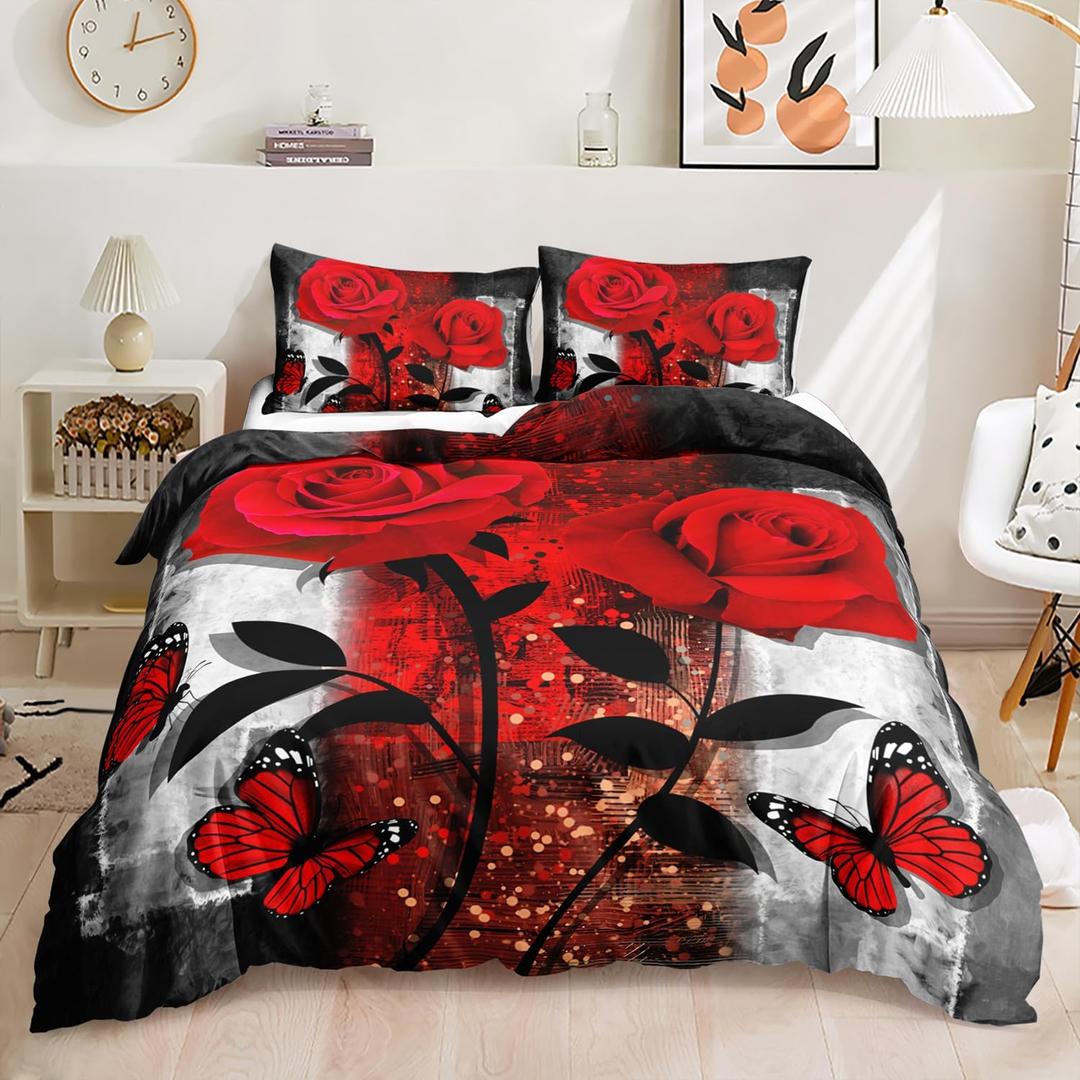 AILONEN Red Rose Duvet Cover Set Queen Size, Grey Retro Couple Rose Comforter Cover Set,3 Pieces Romantic Floral Butterfly Quilt Cover and 2 Pillowcases
