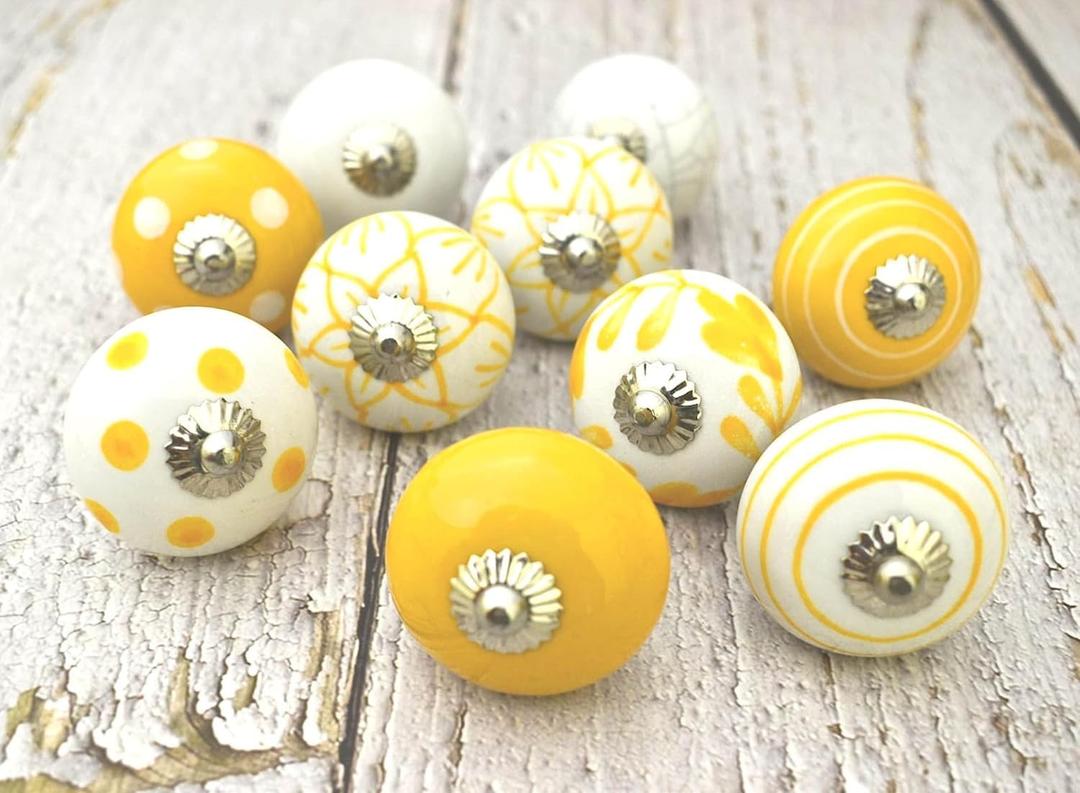 12 x Cabinet Knobs and Pulls - Indian Vintage Pottery Ceramic Kitchen Cupboard Drawer Handle Interior Decor Furniture Hardware (Yellow and White, Pack of 12)