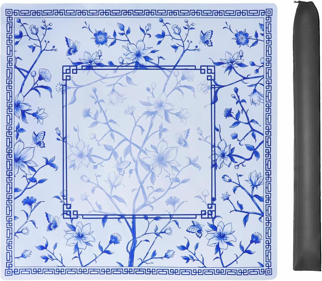 Large Blue Printed Mahjong Mat (31.5”x31.5”) with Black Carrying Bag, Anti-Slip, Noise-Reducing, Mahjong Table Mat for Mah jongg, Poker, Board Games, Dominoes, and Card