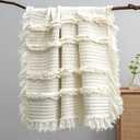 Ultra Soft Pre-Washed Warm Quilted Throw Blanket, Ruffle Fringed Cream Boho Decorative Throw, Stone Washed Chic Rustic Blanket for Sofa Couch Bed Chair, 50"x 60"