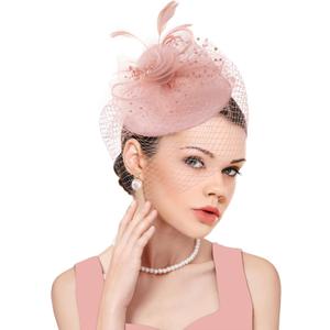 dressfan Fascinator Hat Womens Vintage Wedding Veil Hat 20s Hair Accessories for Derby/Wedding/Cocktail/Tea Party (Pink)