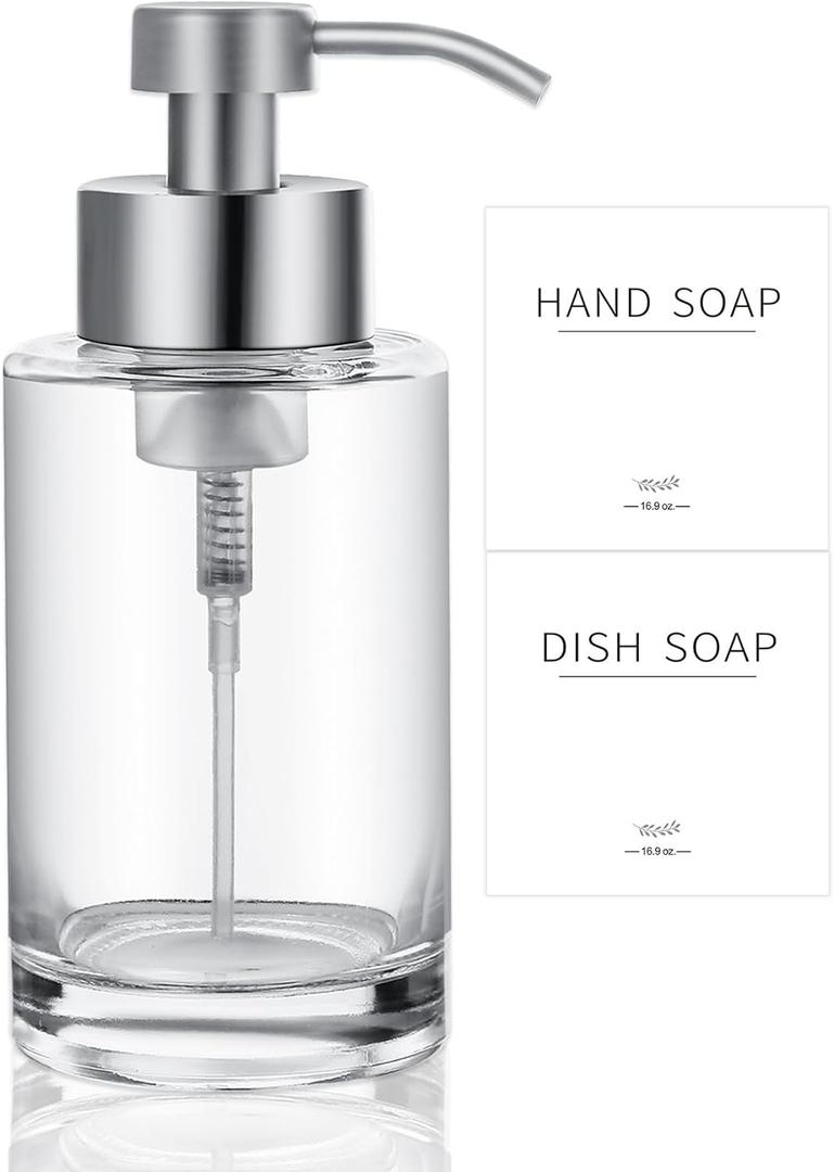 Foaming Soap Dispenser Set, 12 Oz Glass Hand Soap Dispenser with 304 Rust Proof Stainless Steel Pump, Waterproof Labels, for Bathroom Decor Kitchen College Dorm, Clear Silver Pump
