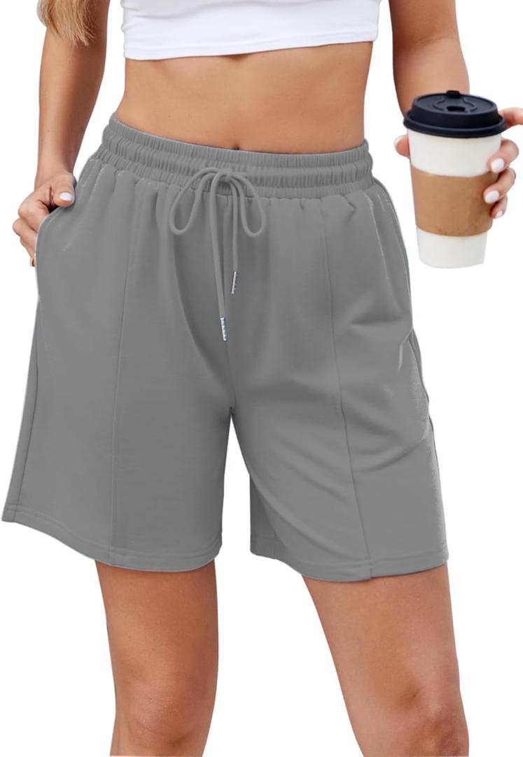 Womens Lounge Bermuda Shorts Knee Length High Waited Active Shorts Solid Color Sweat Shorts Long Shorts Pure Grey Small