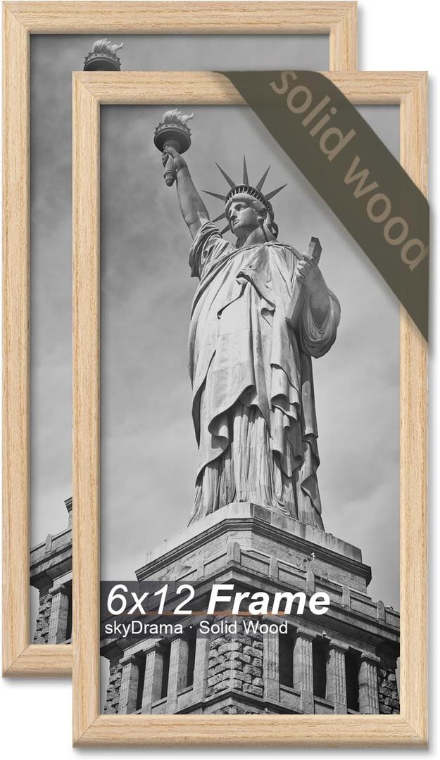 Natural Solid Wood 6x12 Picture Frame, Display 6 x 12 Inch Picture Poster Photo, Vertical & Horizontal Wall Hanging - 2 Pack/Natural/6"x12"