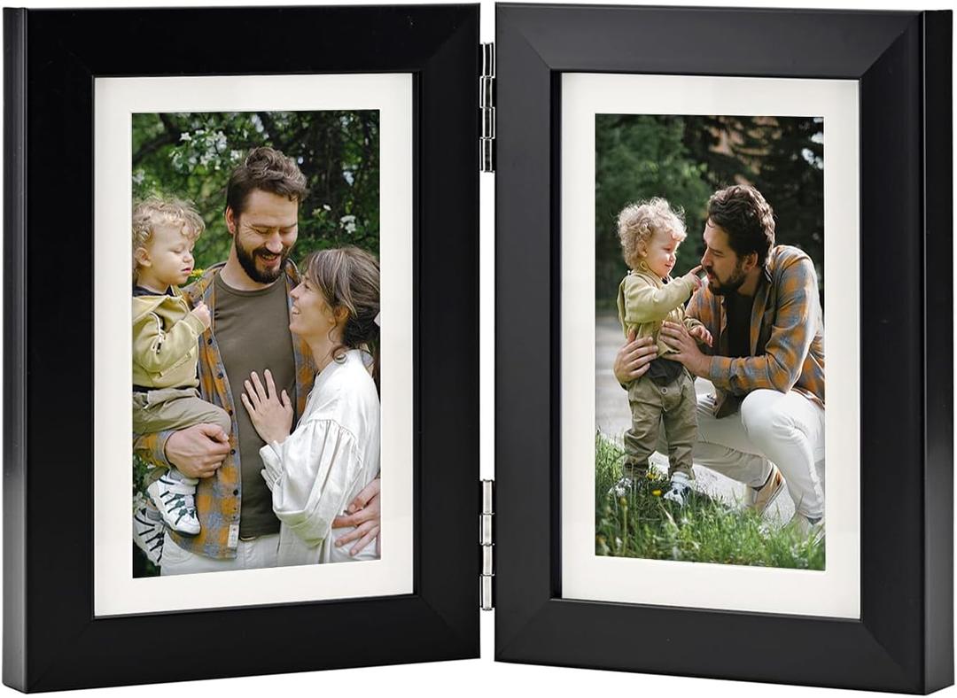 Hinged Double 4x6 Picture Frame, Real Glass, for Tabletop Display or Wall Mounted, Fits 3x5 Photos with Mat, Classic Black, For Family Photos & Wedding Memories-H46X2