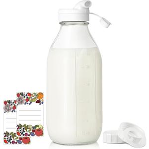 Syntic Square Liter Glass Milk Bottles with Airtight Lid - 100% Leak-Proof Heavy Duty Screw Cap, 32 Oz Glass Juice Bottles w Scale Mark, Reusable Jugs Pitcher for Homemade Juice(Extra 1 Lid and Pen)