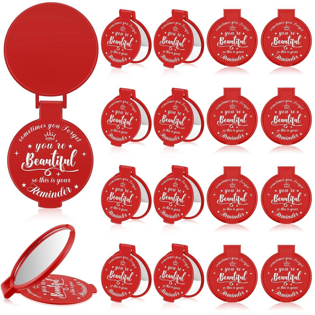 18 Pcs 2.76 Inch Inspirational Compact Mirror Bulk Women Small Gifts Graduation Party Favors Purse Mirror Pocket Mini Stuffer Items for Adult Coworker Cheerleader Employee (Red)