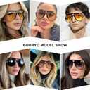 Bouryo Retro Aviator Sunglasses for Women Men - Oversized Trendy 70s Sun Glasses Vintage Big Round Shades (A1 Gloss Black/Gradient Orange-yellow)