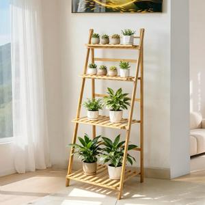Foldable Ladder Bookshelf 4-Tier Bamboo Plant shelfMulti-Purpose Storage Rack for Plants, Books & Home Decor, Natural Bamboo Display Shelf for Living Room, Bathroom, Kitchen & Balcony