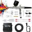 Haoguo Airbrush Kit with Air Compressor, 55 PSI Dual-Action Portable Airbrush, 0.2/0.3/0.5mm Nozzles, 3-Level Airflow Adjustment (14–20 L/min), for Model Painting, Nail Art, DIY Crafts