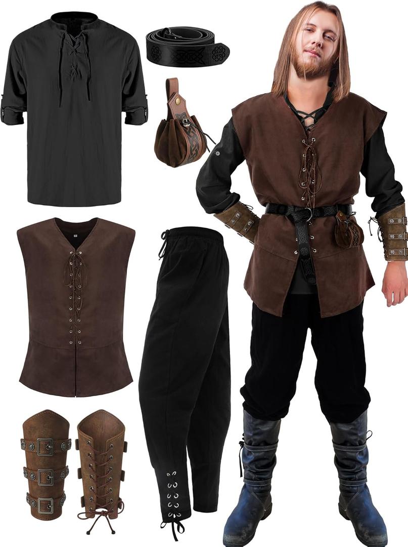 Suhine 6 Pcs Men's Halloween Renaissance Costume Set Medieval Vest Shirt Ankle Banded Pants Viking Belt Armband Pouch (Large, Elegant Color)