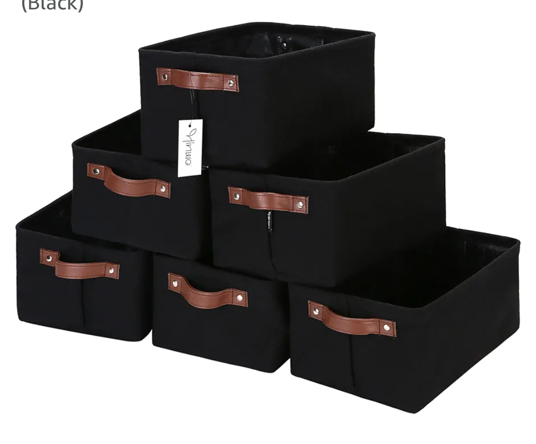 Hinwo 6-Pack Small Canvas Fabric Storage Baskets Set with Handles, Open Bins, Cube Organizer, Shelf Organizer Bins for Closet, 7.9L, 12 x 8 x 5 Inches (Black)