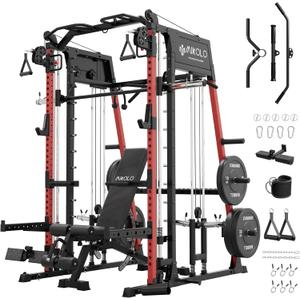 Mikolo M4 2.0 Smith Machine, 2200lbs Squat Rack with LAT-Pull Down System & Cable Crossover Machine, Training Equipment with Leg Hold-Down Attachment (Red)